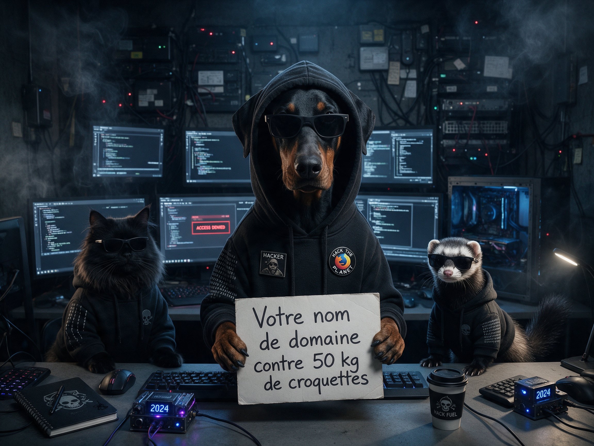 Un doberman à capuche et lunettes noires tient une pancarte : « Votre nom de domaine contre 50 kg de croquettes »